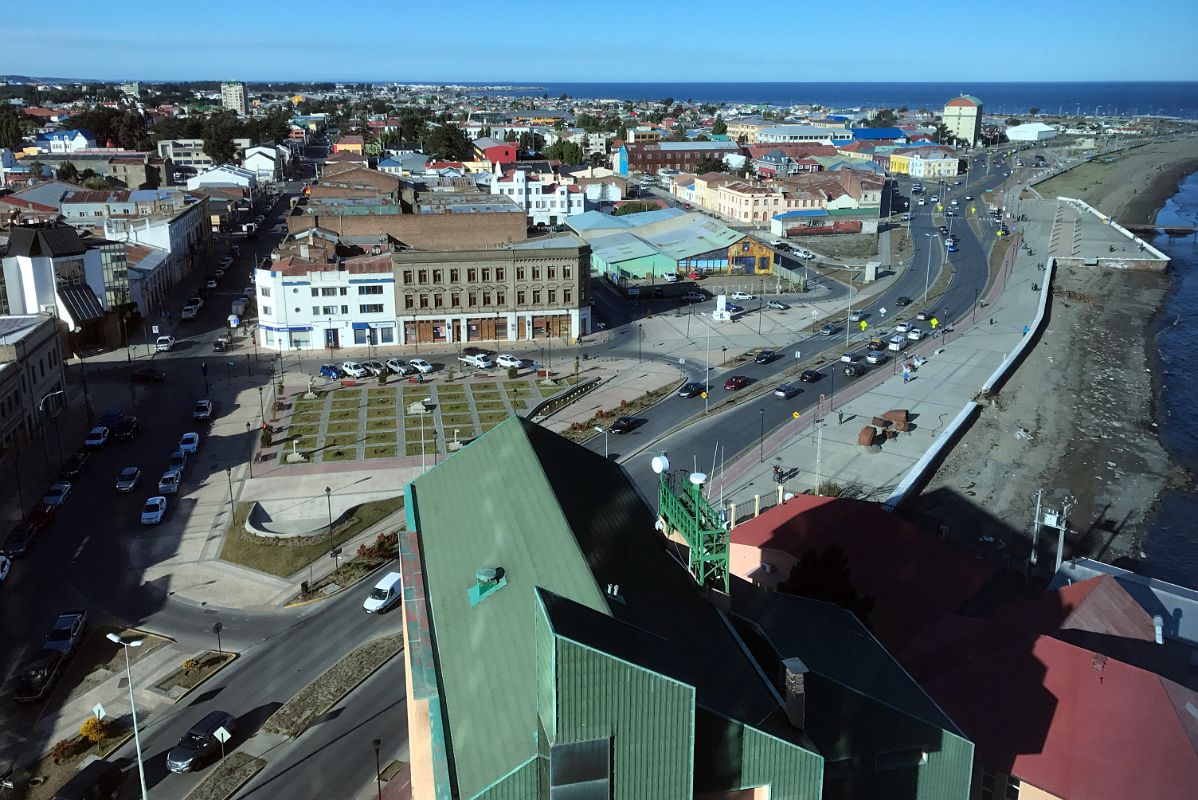 05D Avenida Costanera del Estrecho Waterfront Street With Tall Hotel Diego de Almagro In Punta Arenas Chile From Sky Bar At Hotel Dreams del Estrecho